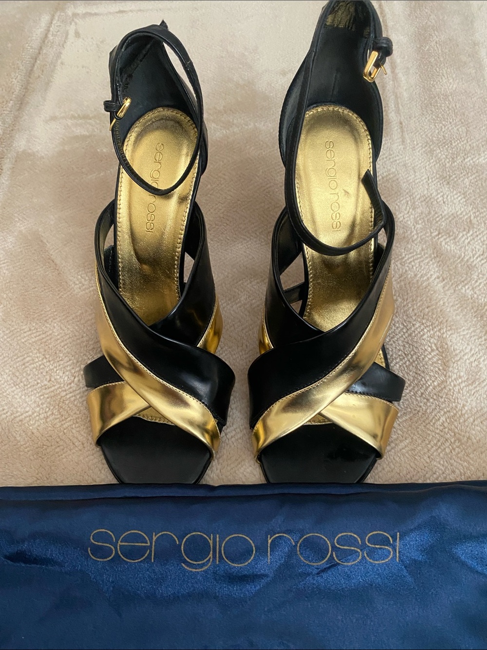 Sergio Rossi Black and Gold Crisscross Leather Heels